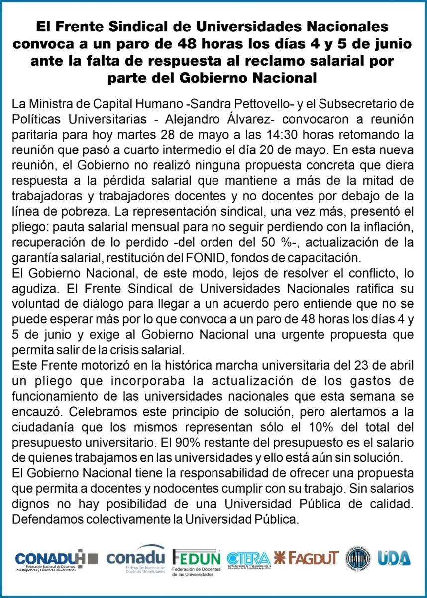 Universidades: convocaron a un nuevo paro de 48 horas por "falta de ...
